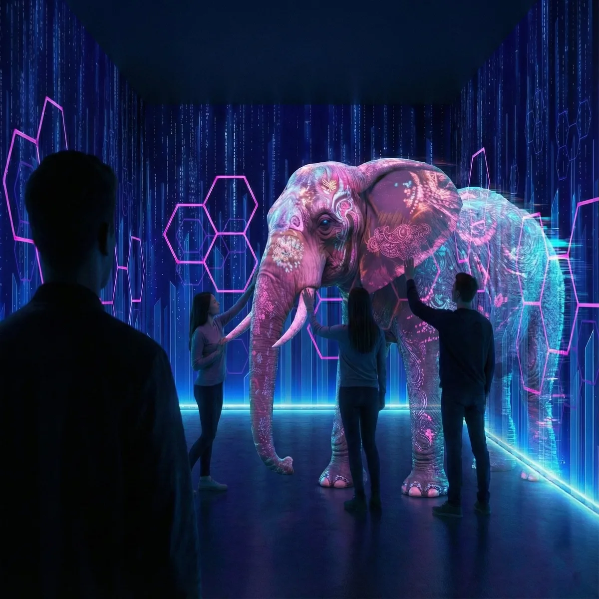 Guests experiencing the Verse Immersive AR holographic world at Mind Bender AR Jacksonville Beach