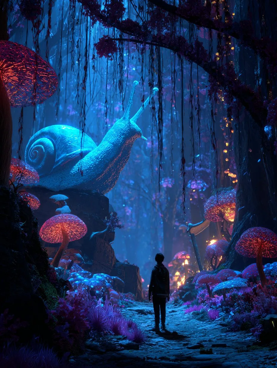 Everworld AR experience — glowing fantasy forest with mythical creatures at Mind Bender Jacksonville Beach