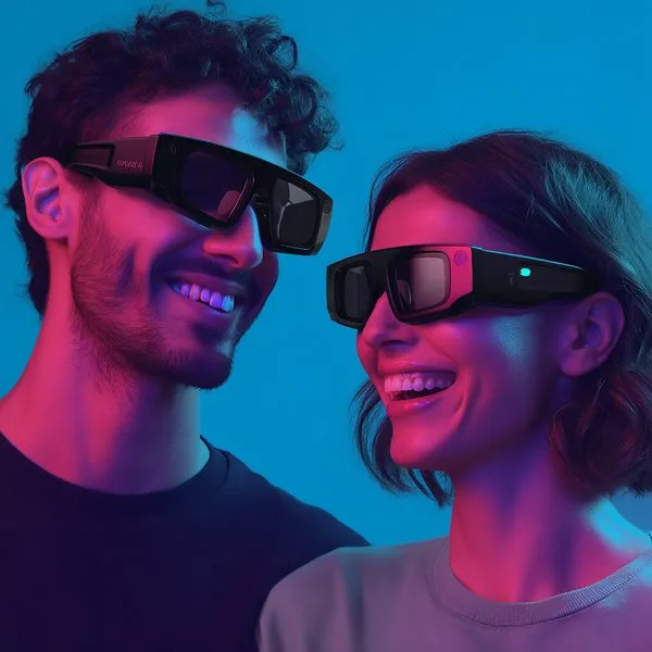 Couple wearing Verse Immersive AR glasses smiling during shared AR experience at Mind Bender